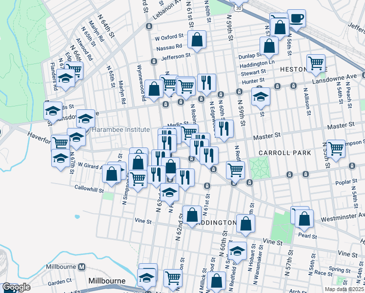 map of restaurants, bars, coffee shops, grocery stores, and more near 1403 North Hirst Street in Philadelphia