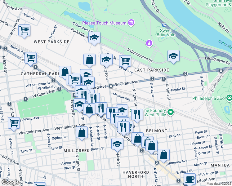 map of restaurants, bars, coffee shops, grocery stores, and more near 4293 Mantua Avenue in Philadelphia