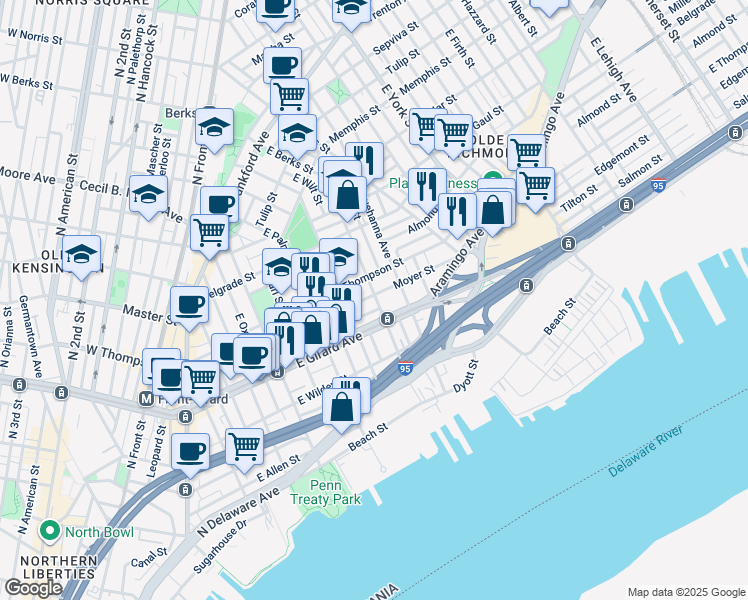 map of restaurants, bars, coffee shops, grocery stores, and more near 700 Moyer Street in Philadelphia