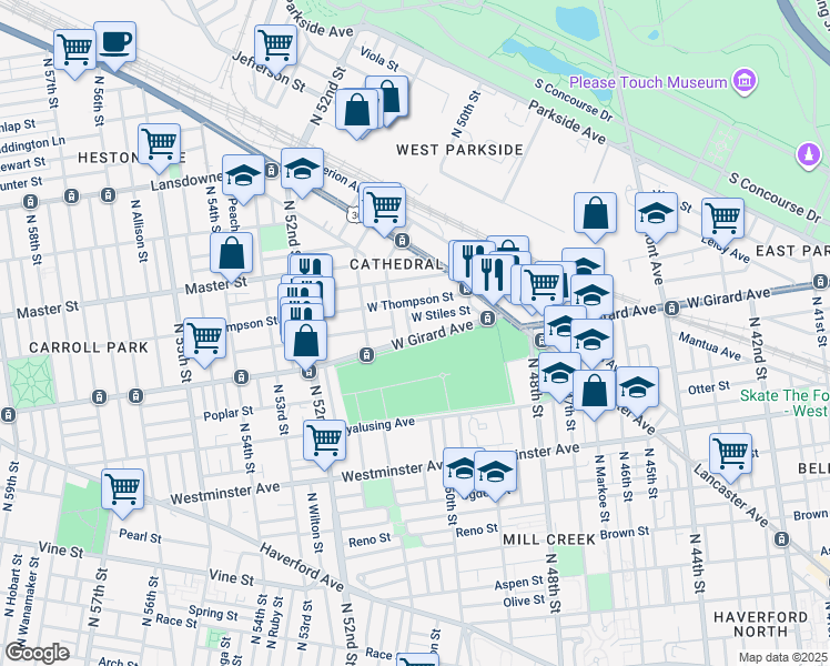 map of restaurants, bars, coffee shops, grocery stores, and more near 4989 1/2 West Girard Avenue in Philadelphia