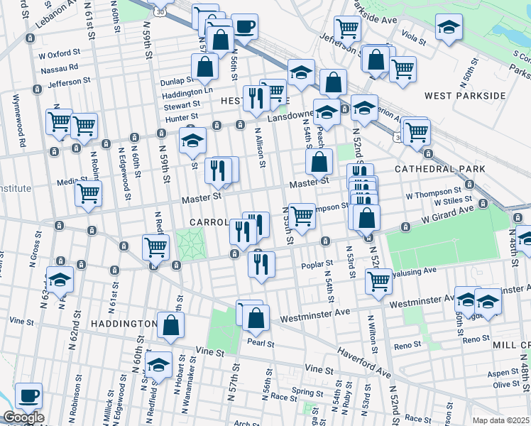 map of restaurants, bars, coffee shops, grocery stores, and more near 5535 West Thompson Street in Philadelphia