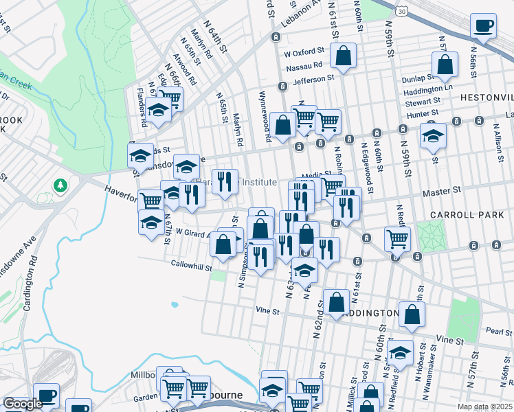 map of restaurants, bars, coffee shops, grocery stores, and more near 607 Marlyn Road in Philadelphia