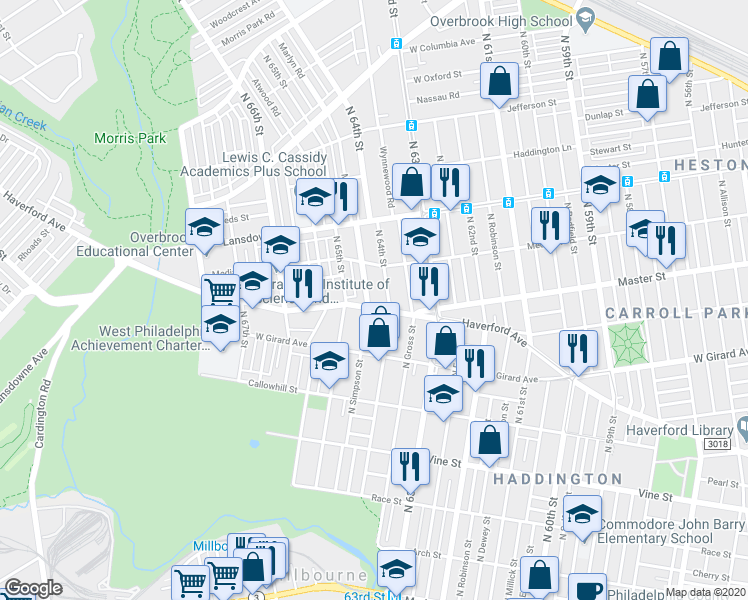 map of restaurants, bars, coffee shops, grocery stores, and more near 607 Marlyn Road in Philadelphia