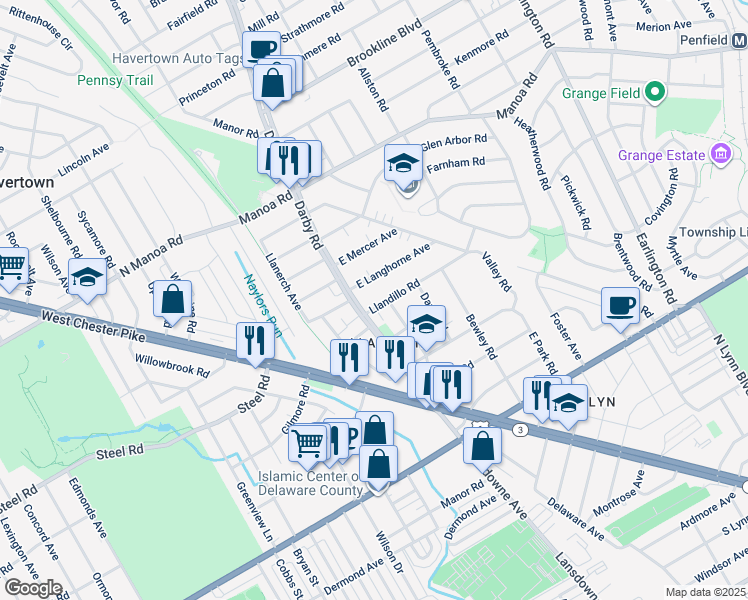map of restaurants, bars, coffee shops, grocery stores, and more near 8 Llandillo Road in Havertown