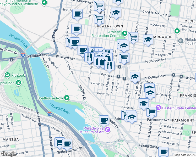 map of restaurants, bars, coffee shops, grocery stores, and more near 842 North 28th Street in Philadelphia