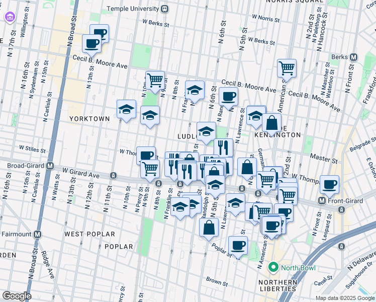 map of restaurants, bars, coffee shops, grocery stores, and more near 1329 North 7th Street in Philadelphia