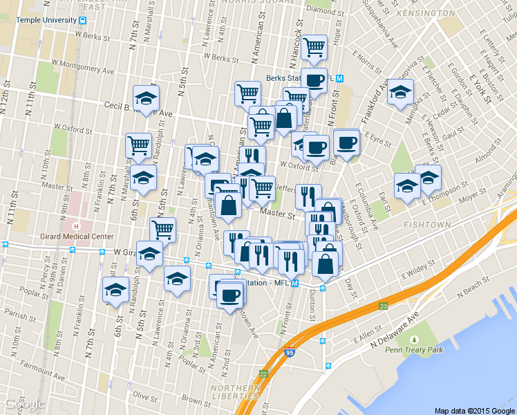 map of restaurants, bars, coffee shops, grocery stores, and more near 183 Master Street in Philadelphia