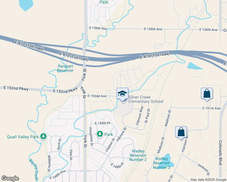 map of restaurants, bars, coffee shops, grocery stores, and more near 15101 Fillmore Street in Thornton