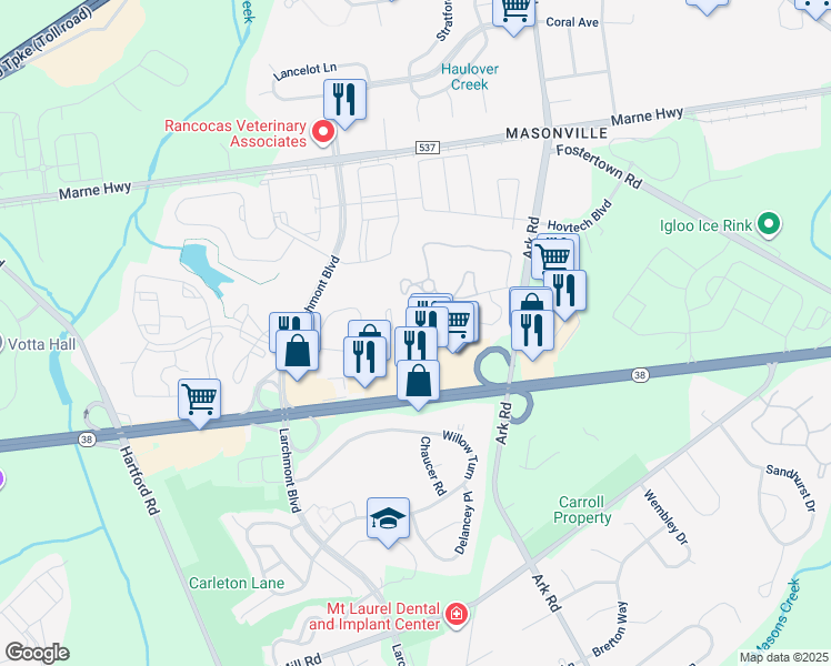 map of restaurants, bars, coffee shops, grocery stores, and more near 3111 New Jersey 38 in Mount Laurel Township