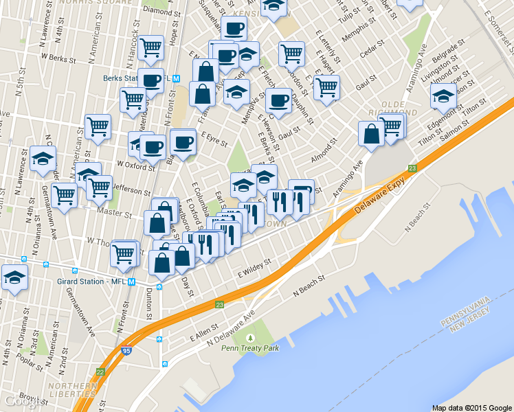 map of restaurants, bars, coffee shops, grocery stores, and more near 1245 East Palmer Street in Philadelphia