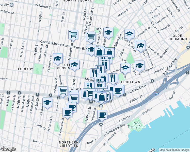 map of restaurants, bars, coffee shops, grocery stores, and more near 1405 North Front Street in Philadelphia