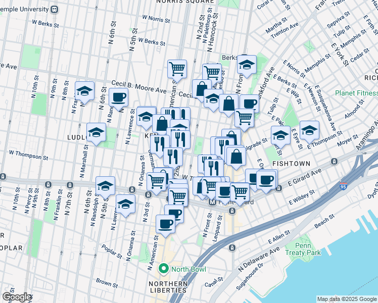 map of restaurants, bars, coffee shops, grocery stores, and more near 177 West Master Street in Philadelphia