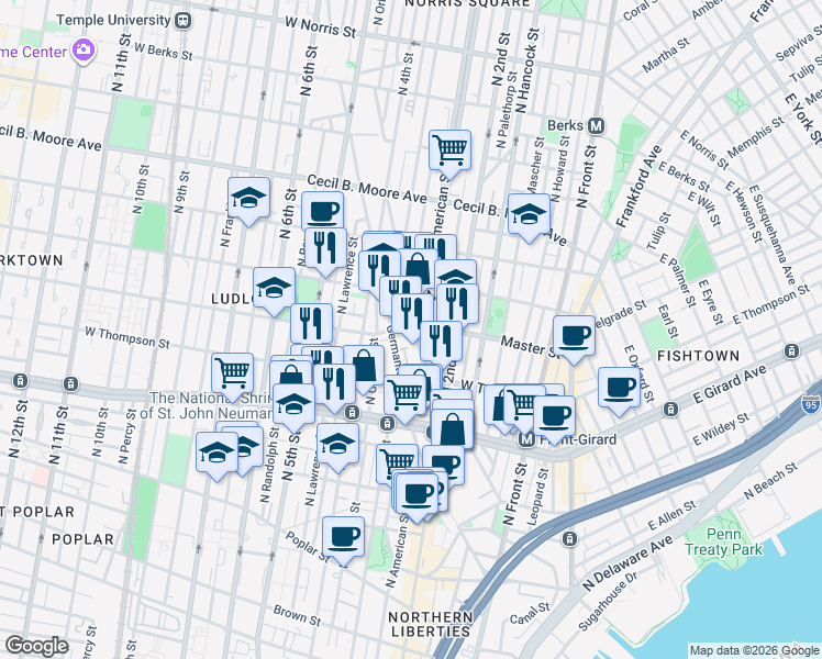 map of restaurants, bars, coffee shops, grocery stores, and more near 1345 Germantown Avenue in Philadelphia