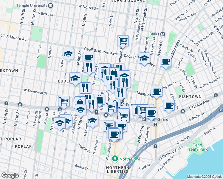 map of restaurants, bars, coffee shops, grocery stores, and more near 1345 Germantown Avenue in Philadelphia