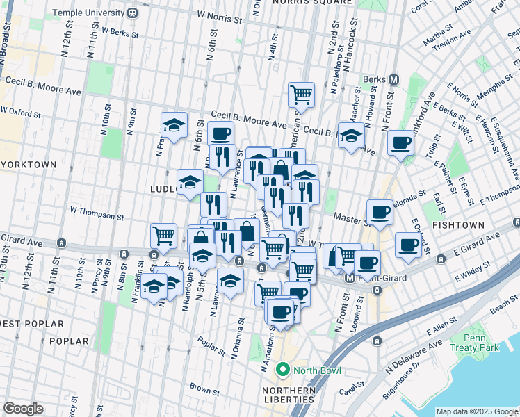 map of restaurants, bars, coffee shops, grocery stores, and more near 1345 Germantown Avenue in Philadelphia