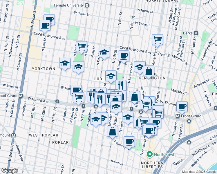 map of restaurants, bars, coffee shops, grocery stores, and more near 1311 North Marshall Street in Philadelphia