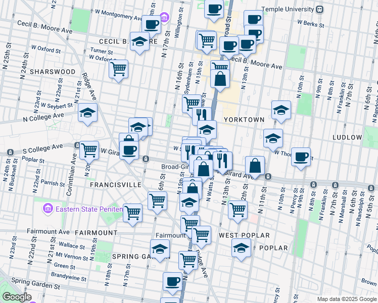map of restaurants, bars, coffee shops, grocery stores, and more near 1403 West Flora Street in Philadelphia
