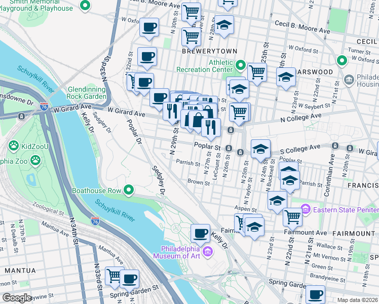 map of restaurants, bars, coffee shops, grocery stores, and more near 842 North 28th Street in Philadelphia