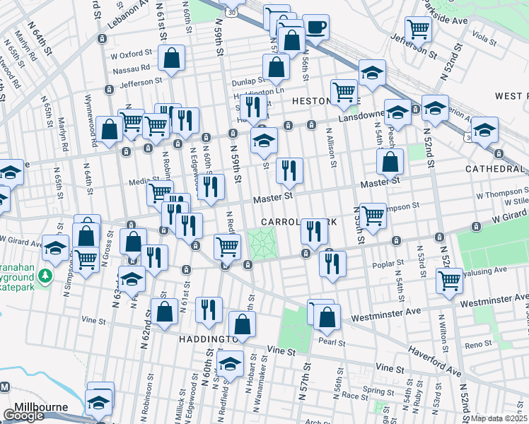 map of restaurants, bars, coffee shops, grocery stores, and more near 5825 West Thompson Street in Philadelphia