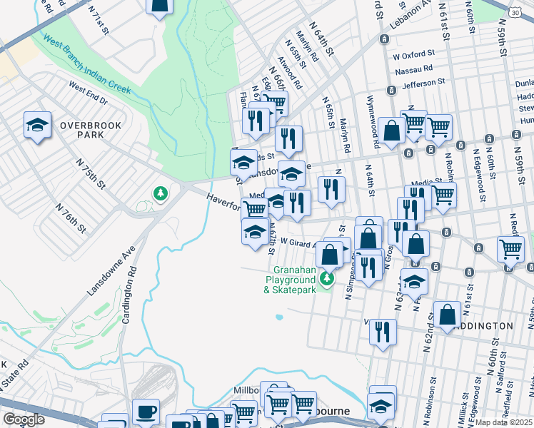 map of restaurants, bars, coffee shops, grocery stores, and more near 518 North 67th Street in Philadelphia