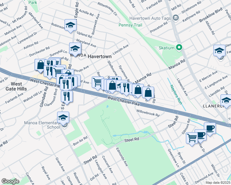 map of restaurants, bars, coffee shops, grocery stores, and more near 1000 West Chester Pike in Havertown