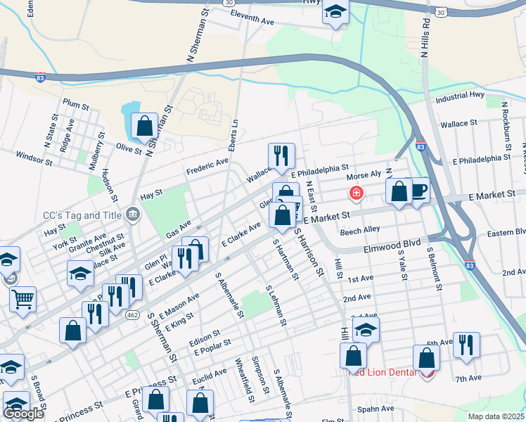 map of restaurants, bars, coffee shops, grocery stores, and more near 42 North Hartman Street in York