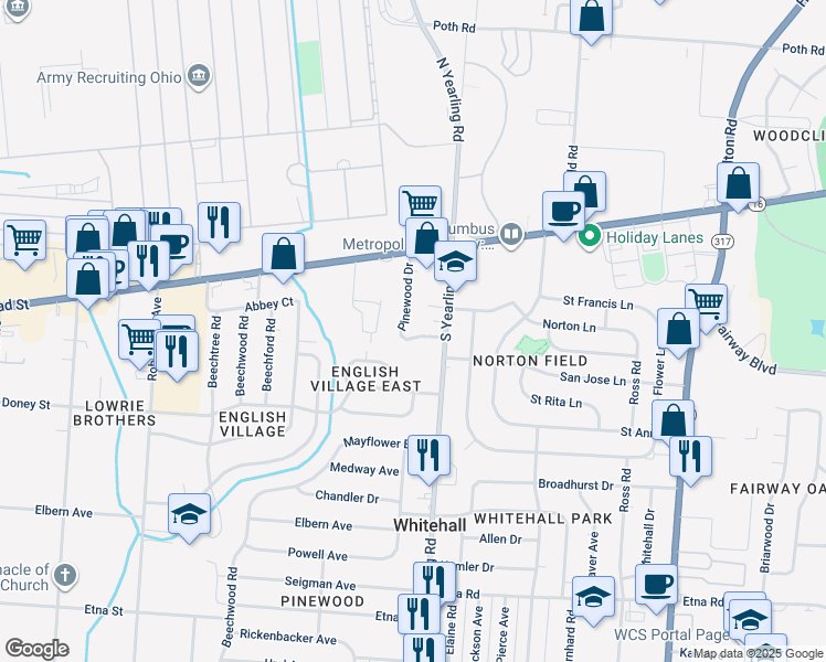map of restaurants, bars, coffee shops, grocery stores, and more near 125 South Yearling Road in Columbus