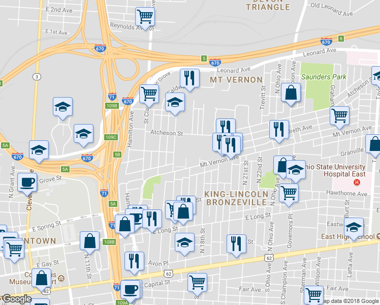 map of restaurants, bars, coffee shops, grocery stores, and more near 340 Wespot Drive in Columbus