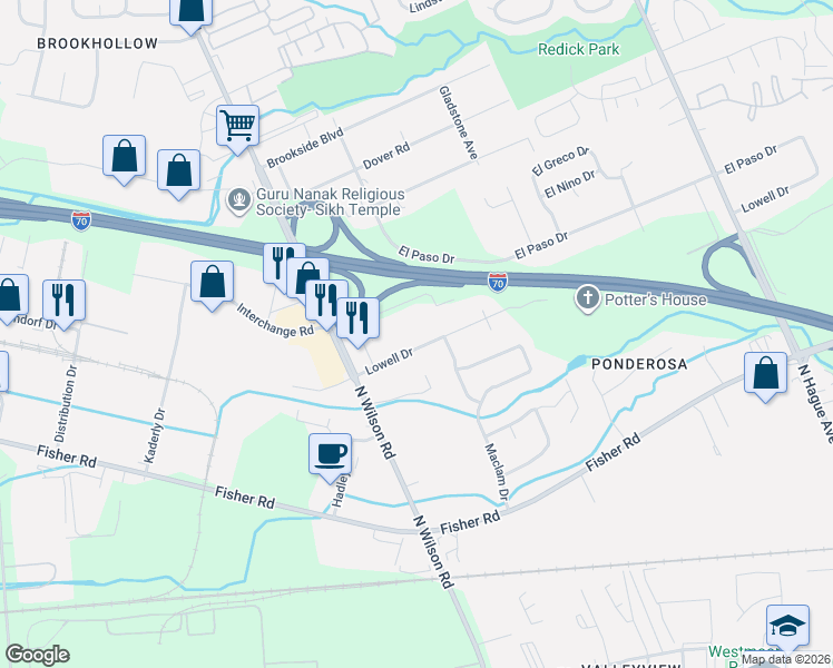 map of restaurants, bars, coffee shops, grocery stores, and more near 3447 Lowell Drive in Columbus