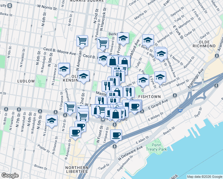 map of restaurants, bars, coffee shops, grocery stores, and more near 1405 North Front Street in Philadelphia