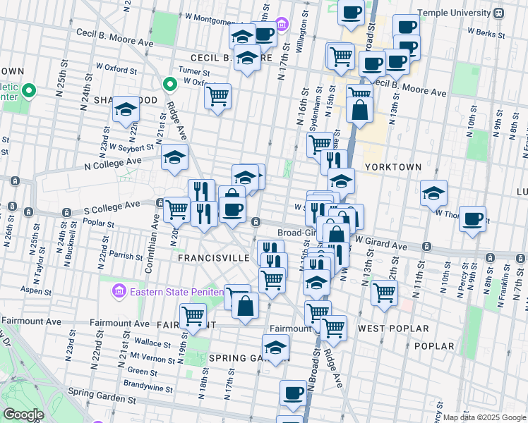 map of restaurants, bars, coffee shops, grocery stores, and more near 1636 West Flora Street in Philadelphia