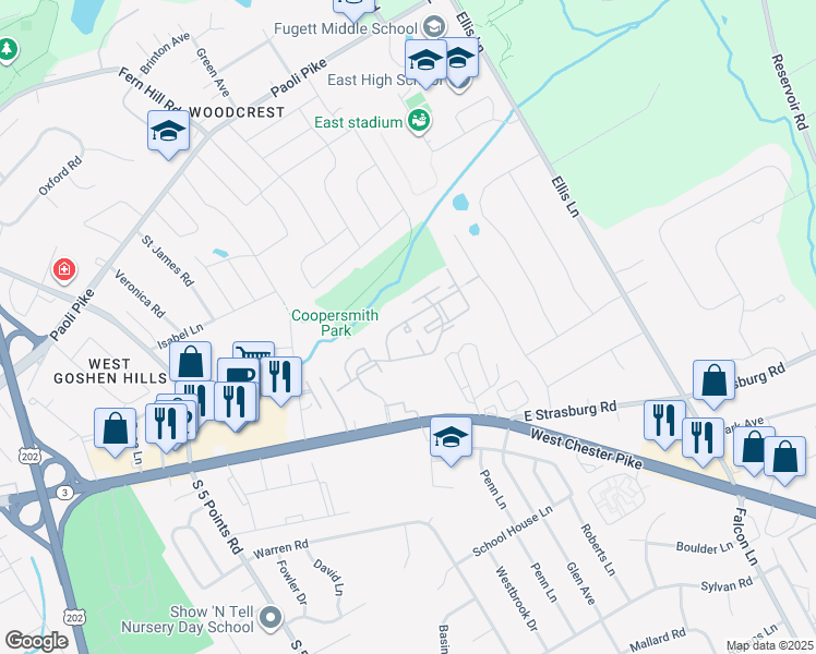 map of restaurants, bars, coffee shops, grocery stores, and more near 1149 Kingsway Road in West Chester