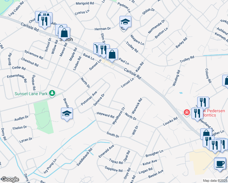 map of restaurants, bars, coffee shops, grocery stores, and more near 2273 Locust Lane in Shiloh