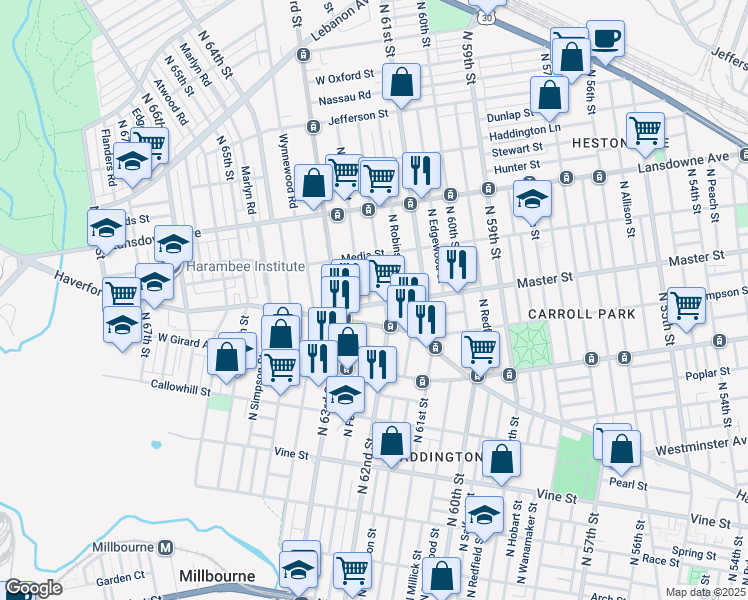 map of restaurants, bars, coffee shops, grocery stores, and more near 1403 North Hirst Street in Philadelphia
