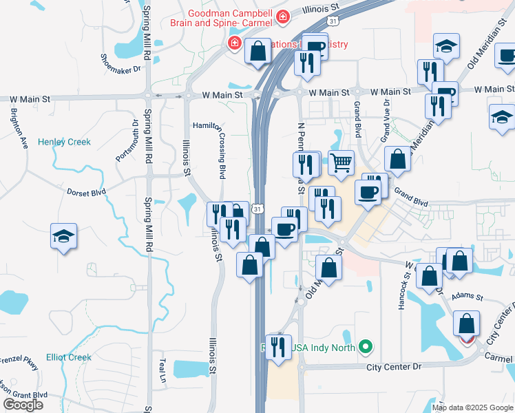 map of restaurants, bars, coffee shops, grocery stores, and more near 12650 North Meridian Street in Carmel