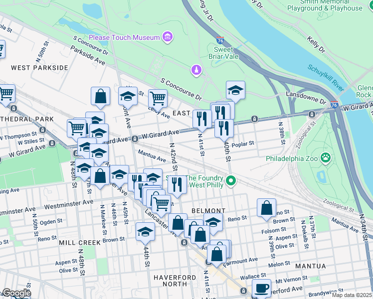 map of restaurants, bars, coffee shops, grocery stores, and more near 4142 Poplar Street in Philadelphia
