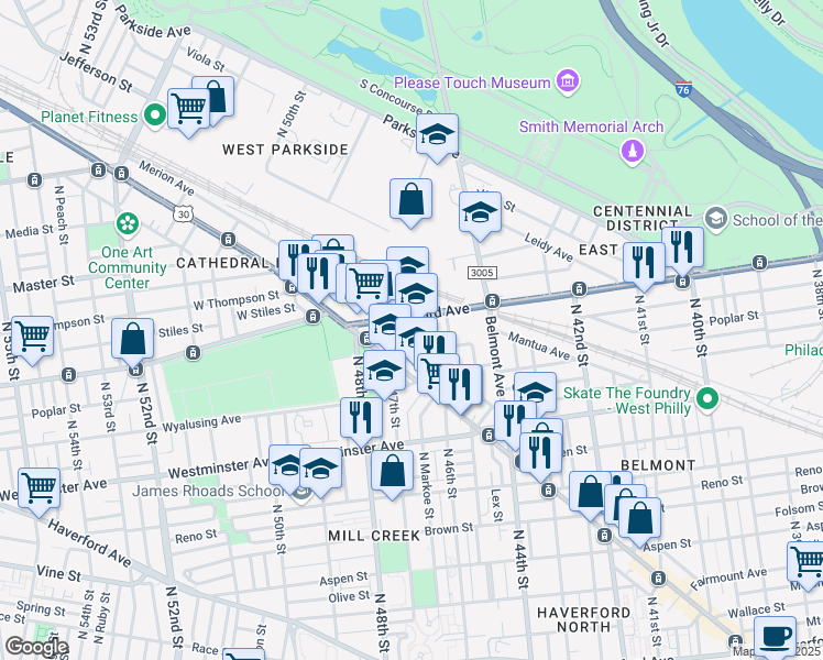 map of restaurants, bars, coffee shops, grocery stores, and more near 4600 West Girard Avenue in Philadelphia