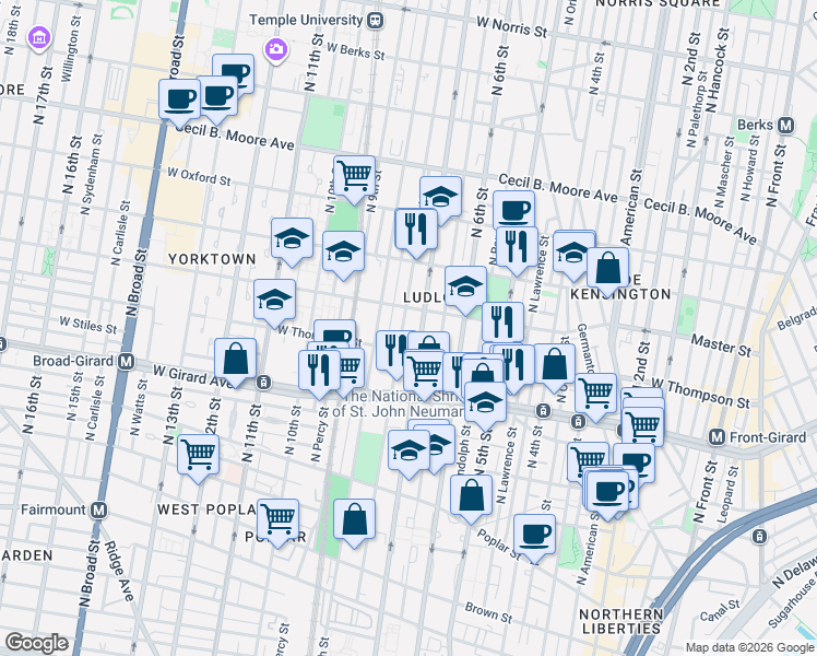 map of restaurants, bars, coffee shops, grocery stores, and more near 1325 North Franklin Street in Philadelphia