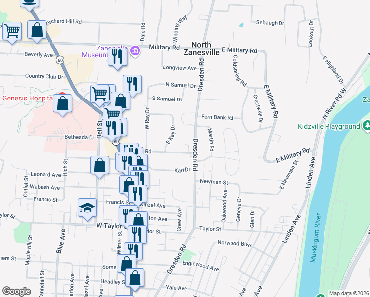 map of restaurants, bars, coffee shops, grocery stores, and more near 2663 Dresden Road in Zanesville