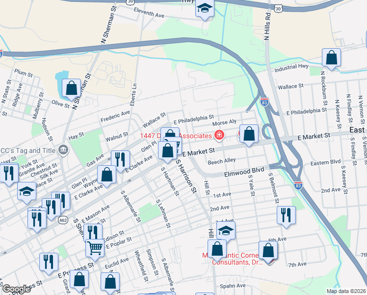 map of restaurants, bars, coffee shops, grocery stores, and more near 1321 East Market Street in York