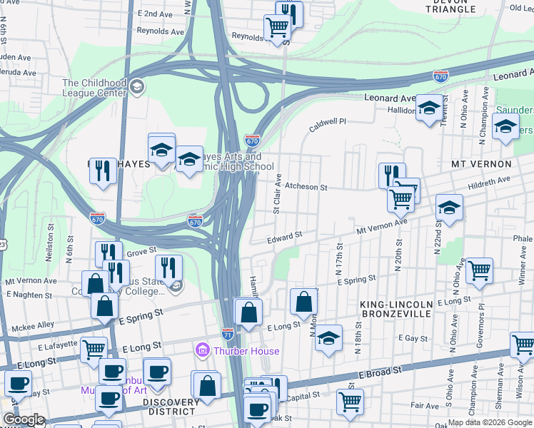 map of restaurants, bars, coffee shops, grocery stores, and more near 783 Buckingham Street in Columbus