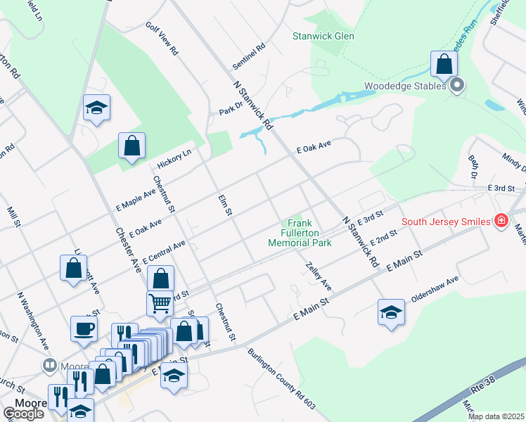 map of restaurants, bars, coffee shops, grocery stores, and more near 318 East Central Avenue in Moorestown
