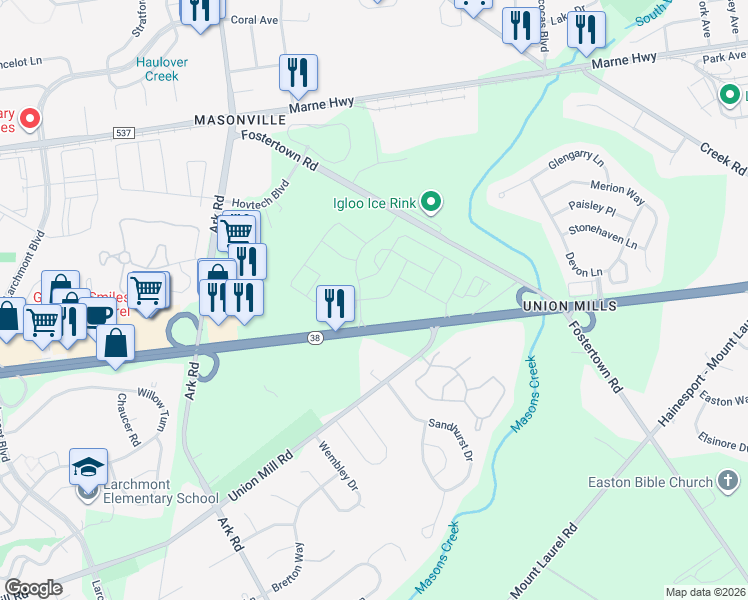 map of restaurants, bars, coffee shops, grocery stores, and more near 3032 Fostertown Road in Mount Laurel Township