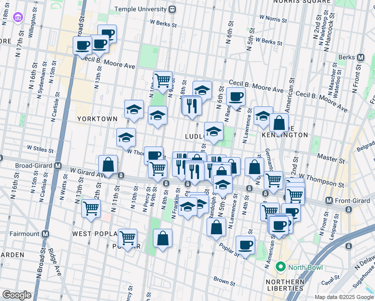 map of restaurants, bars, coffee shops, grocery stores, and more near 1325 North Franklin Street in Philadelphia