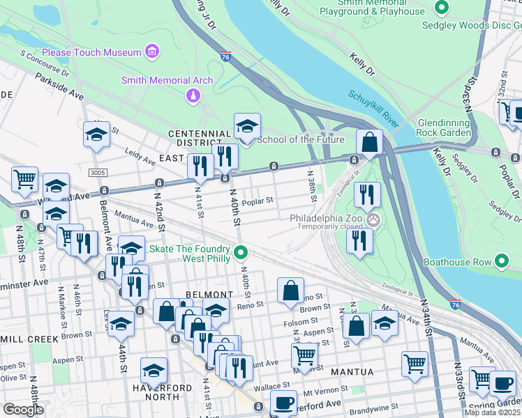 map of restaurants, bars, coffee shops, grocery stores, and more near 3937 Wyalusing Avenue in Philadelphia