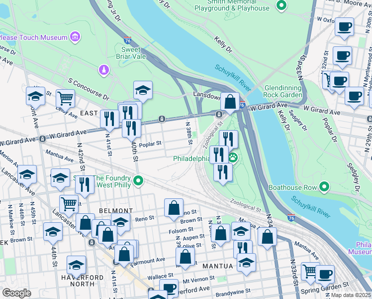 map of restaurants, bars, coffee shops, grocery stores, and more near 3812 Wyalusing Avenue in Philadelphia