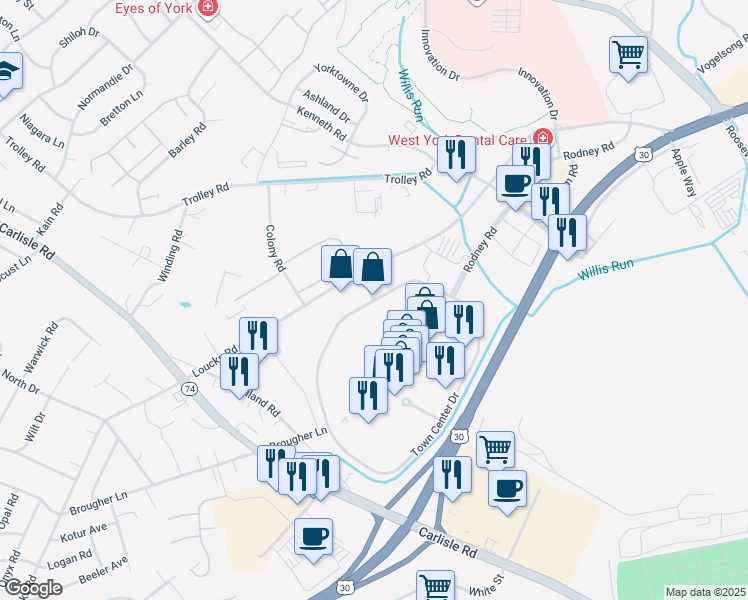map of restaurants, bars, coffee shops, grocery stores, and more near 1800 Loucks Road in York