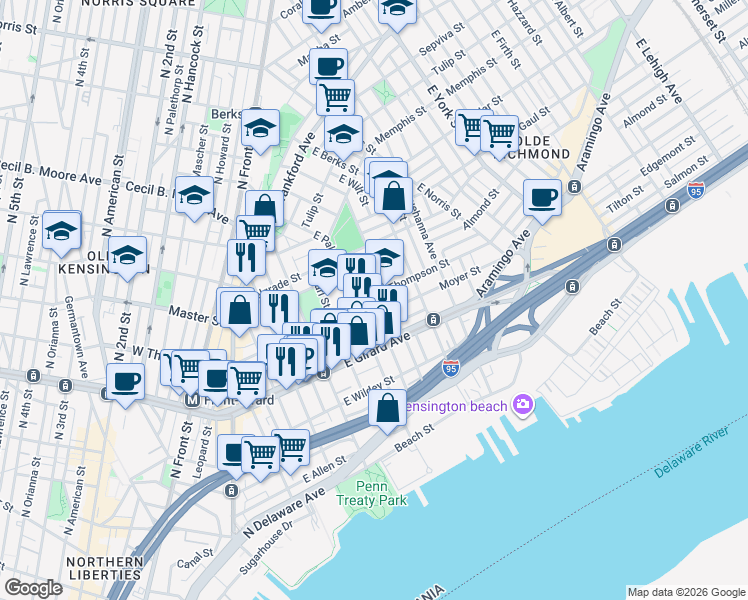 map of restaurants, bars, coffee shops, grocery stores, and more near 1245 East Palmer Street in Philadelphia
