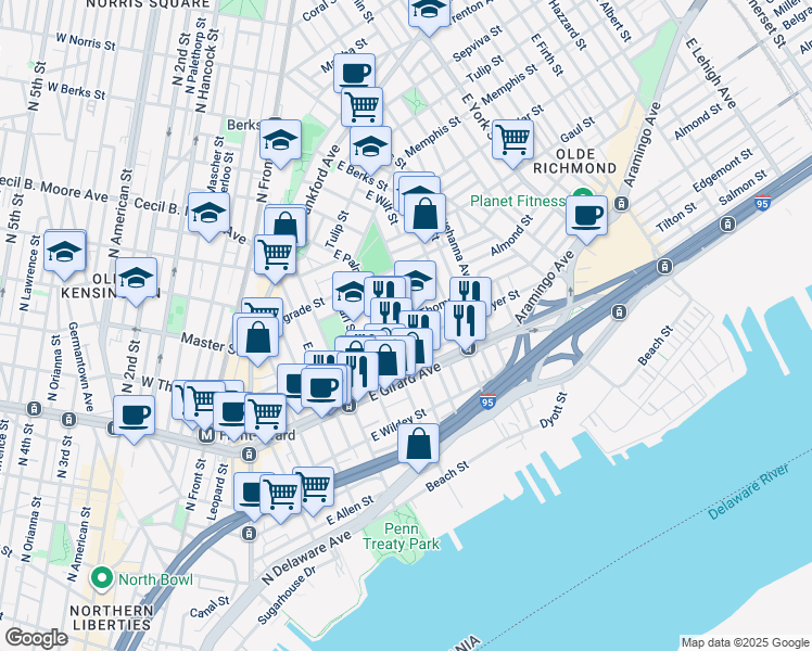 map of restaurants, bars, coffee shops, grocery stores, and more near 530 East Thompson Street in Philadelphia