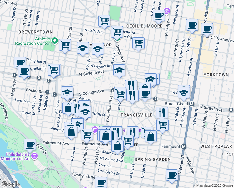 map of restaurants, bars, coffee shops, grocery stores, and more near 2008 West Girard Avenue in Philadelphia